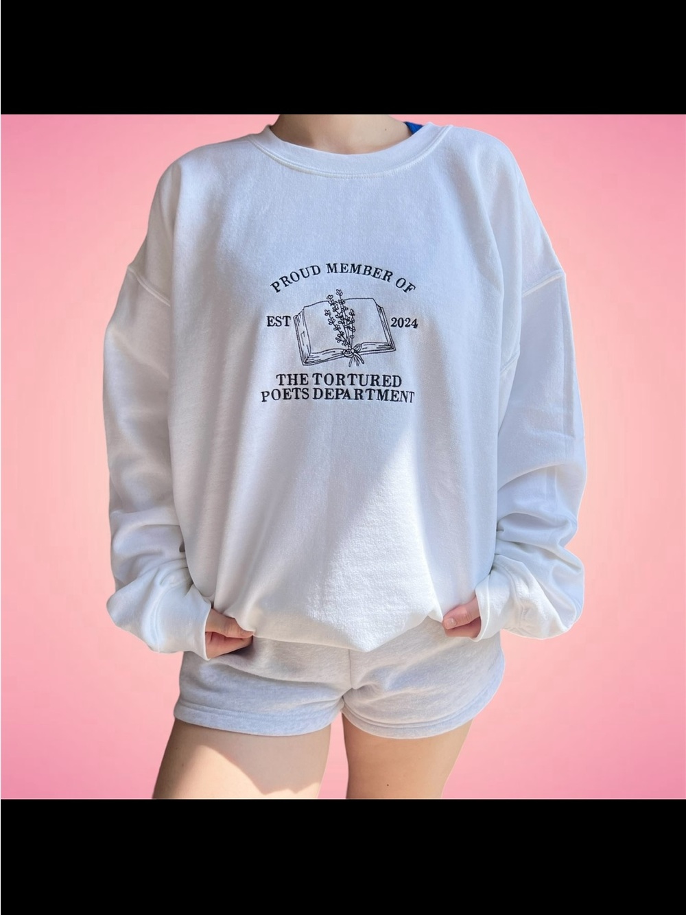 Gildan White Crewneck Sweatshirt with Black 'Tortured Poets' Graphic
